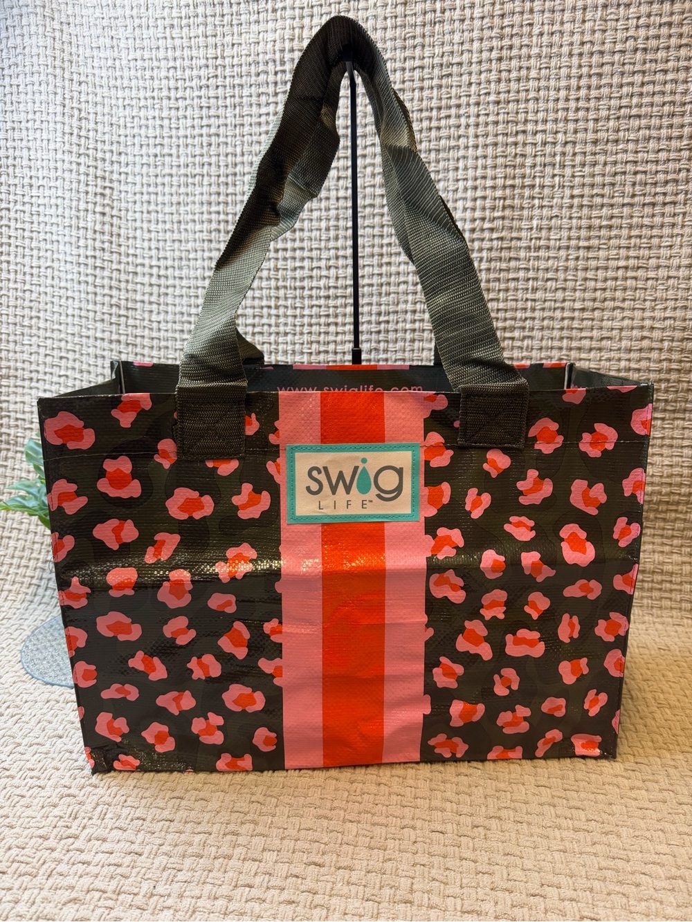 Swig Life Black Tote with Pink Leopard & Central Pink Stripe